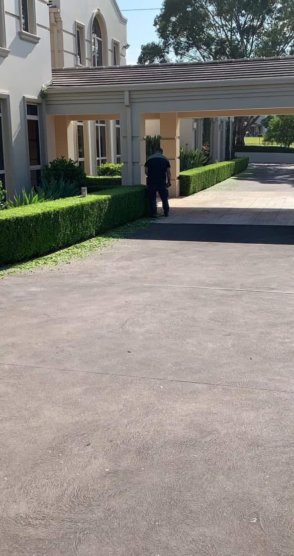 A gardener maintaining a formal hedge beside a covered driveway